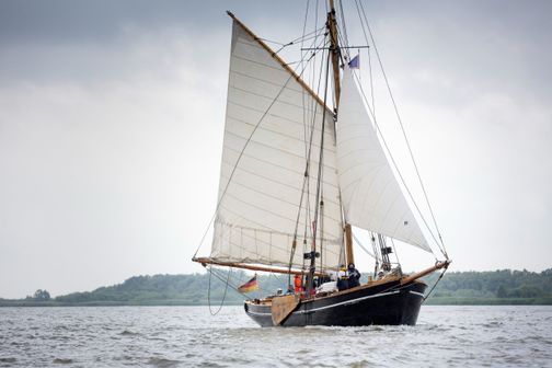 Das traditionsreiche Segelschiff Rigmor segelt auf der Elbe.