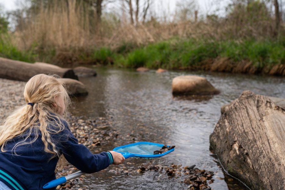 Mädchen spielt mit ihrem blauen Kescher am Ufer der malerischen Wedeler Au.