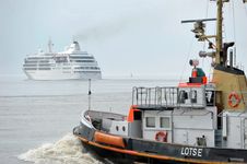 Auf der Elbe fahren zwei Schiffe, im Vordergrund ist ein Schlepper und im Hintergrund ein weißes Kreuzfahrtschiff zu sehen. Es ist etwas neblig.