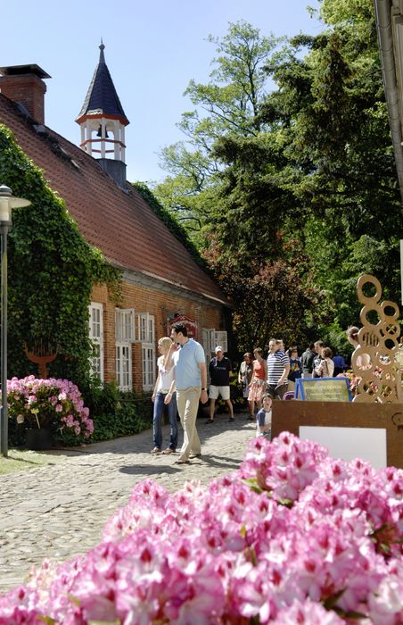 Paar spaziert in Barmstedt hinter einem rosa Blumenbusch