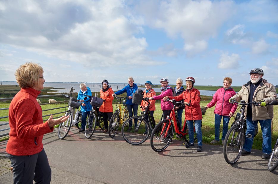 Reiseführerin erklärt der Gruppe von Radfahrern Wissenswertes zur Region um Glückstadt.